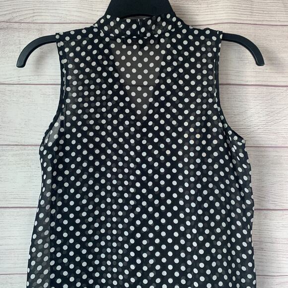Almost Famous Black with White Polka Dot Sheer Sleeveless Blouse Tie Neck Size S - Picture 6 of 11